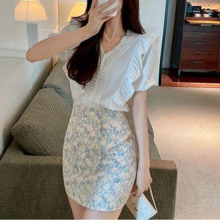 Set: Short-sleeve Ruffled Top + Floral Print Mini Pencil Skirt