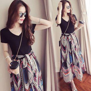 Mock Two-piece Short-sleeve Print Chiffon Midi A-line Dress
