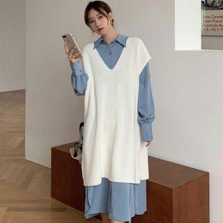 V-neck Loose-fit Vest / Long-sleeve Midi Shirtdress