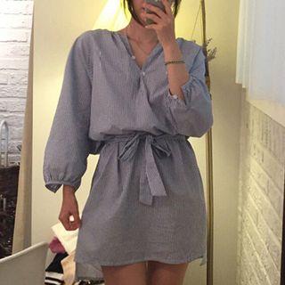 Long-sleeve Sashed Striped Shirt Dress