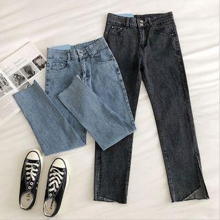 Plain Frayed High-waist Cropped Jeans