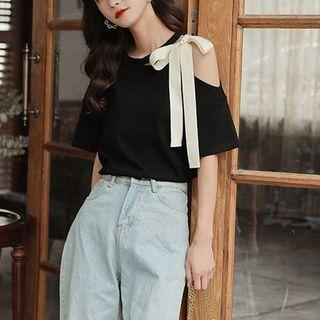Bow-accent One-shoulder Loose-fit Short-sleeve T-shirt