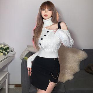 Turtleneck Cutout Knit Crop Top White - One Size