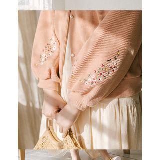 Crochet-collar Flower-embroidered Cardigan Pink - One Size