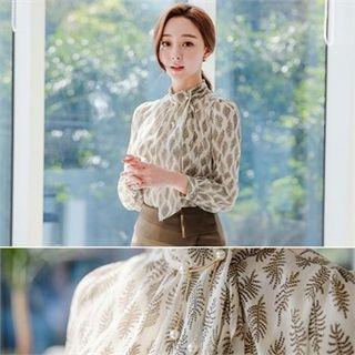 Patterned Chiffon Blouse With Brooch