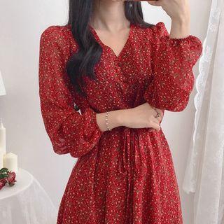 Tie-waist V-neck Floral Midi Dress