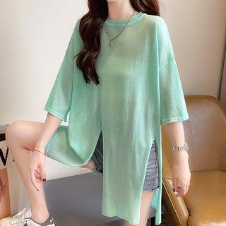 Short-sleeve Plain Split Hem Light T-shirt