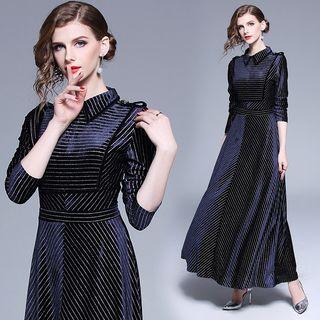Pinstriped Long-sleeve Maxi A-line Dress