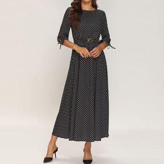 Elbow-sleeve Dotted Tie-waist Long Dress