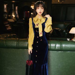 Set: Long-sleeve Tie-neck Blouse + Midi Mermaid Velvet Pinafore Skirt