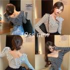 Color-block Striped Off-shoulder Long-sleeve T-shirt