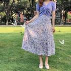 Drawstring Ruched Puff-sleeve Top / Floral Print Midi A-line Skirt