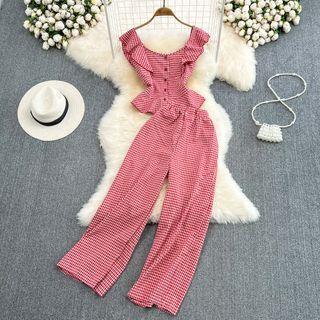 Set: Ruffle Plaid Tank Top + Straight Leg Pants