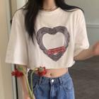 Elbow-sleeve Print Cropped T-shirt White - One Size