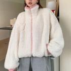 Faux Shearling Bear Embroidered Zip Jacket White - One Size