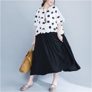 Polka Dot Panel Elbow-sleeve Midi A-line Dress