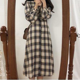 Long-sleeve V-neck Retro Plaid Button-up Loose Fit Midi Dress