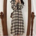Long-sleeve V-neck Retro Plaid Button-up Loose Fit Midi Dress