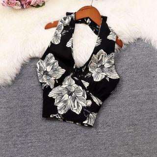 Floral Print Halter Crop Top Black - One Size