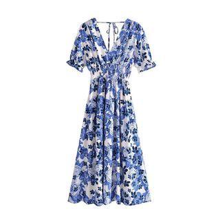 V-neck Open-back Floral Dress
