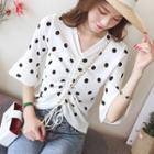 V-neck Dotted Elbow-sleeve Knit Top