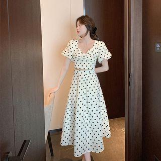 Set: Short-sleeve Dotted Crop Top + Midi A-line Skirt
