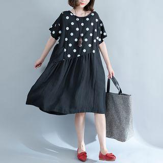 Short-sleeve Dotted Panel A-line Dress