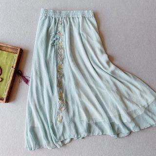 Linen Embroidered A-line Skirt
