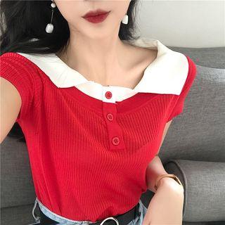 Polo-neck Color-block Knit T-shirt