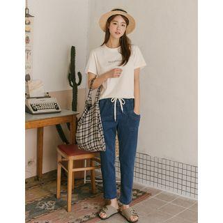 Drawstring-waist Jeans Blue - One Size