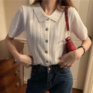 Short-sleeve Polo-neck Perforated Cardigan White - One Size