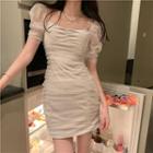Puff-sleeve Shirred Mesh Mini Bodycon Dress Dress - One Size