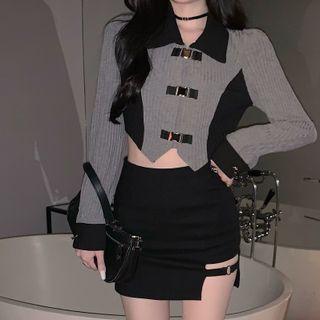 Long-sleeve Collared Buckled Knit Crop Top