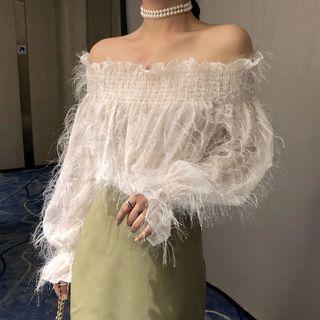 Off-shoulder Feather-accent Blouse