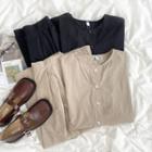 Long-sleeve Plain Shirt / High-waist Plain A-line Midi Skirt