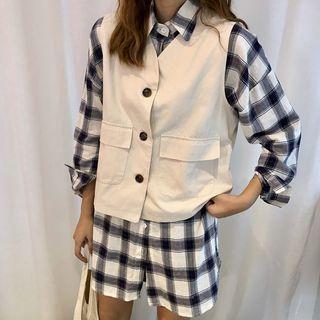 Set: Plaid Shirt + Dual Pocket Buttoned Vest