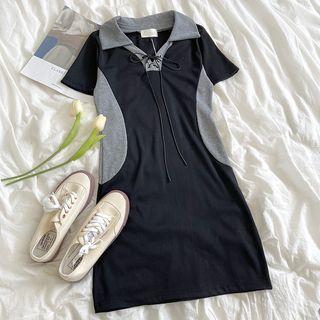 Short-sleeve Color-block Polo Collar Lace-up Dress