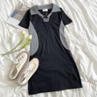 Short-sleeve Color-block Polo Collar Lace-up Dress