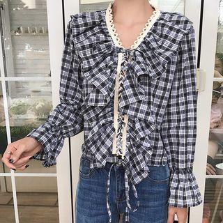Plaid V-neck Ruffle Blouse
