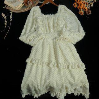 Long-sleeve Frayed Tiered A-line Dress