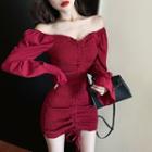 Drawstring Off-shoulder Long-sleeve Mini Sheath Dress