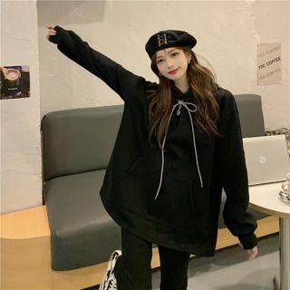 Long-sleeve Bow-accent Hoodie Black - One Size