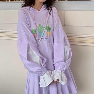 Print Drawcord Long-sleeve Hooded Dress