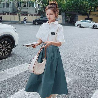 Set: Short Sleeve Applique Shirt + Plain Midi A-line Skirt