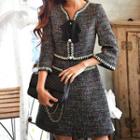 3/4-sleeve Bow Accent A-line Tweed Dress