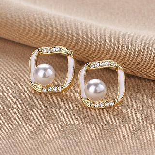 Faux Pearl Rhinestone Stud Earring 1 Pair - Qr-242-2 - White - One Size