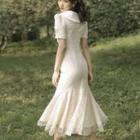 Short-sleeve Ruffle Hem Lace Maxi Sheath Dress