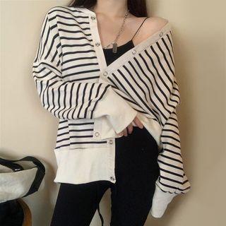 Striped Snap-button Cardigan / Straight Leg Pants