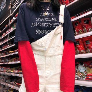 Lettering Long-sleeve T-shirt Navy Blue - One Size