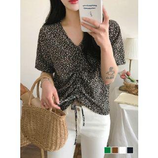 Drawstring-front Floral Top